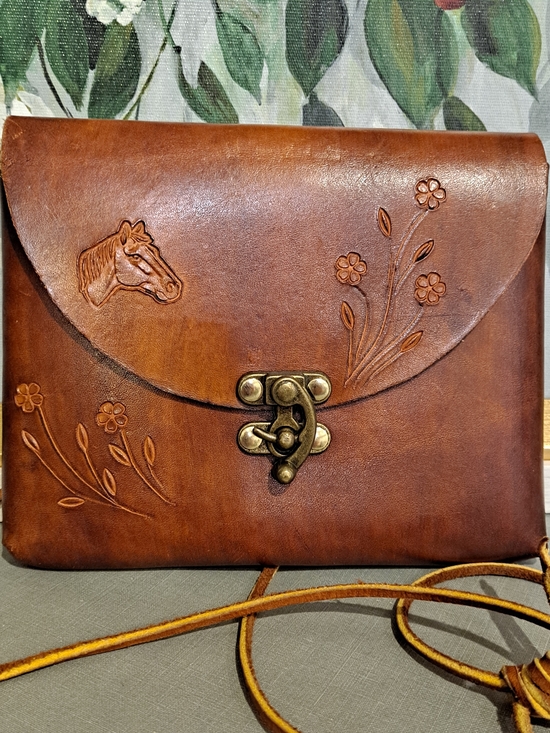 Artisan Handbags - Artisan Crafted Brown Leather Crossbody Bag w/Floral & Horse Tooling Boho